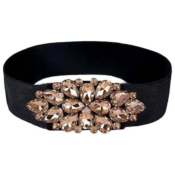 Accessories - Women Rhinestone Belt Crystal Elastic Waist Floral , Gold